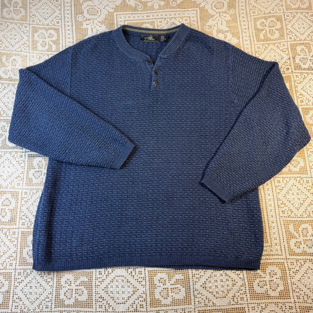 Studio B Bill Blass Mens XL Blue Waffle Knit Henley Sweater Oversized Fall
